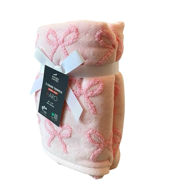 Caro Home Pink Bow Cotton Hand Towels 18x28 Set of 2 - Picture 6 of 10